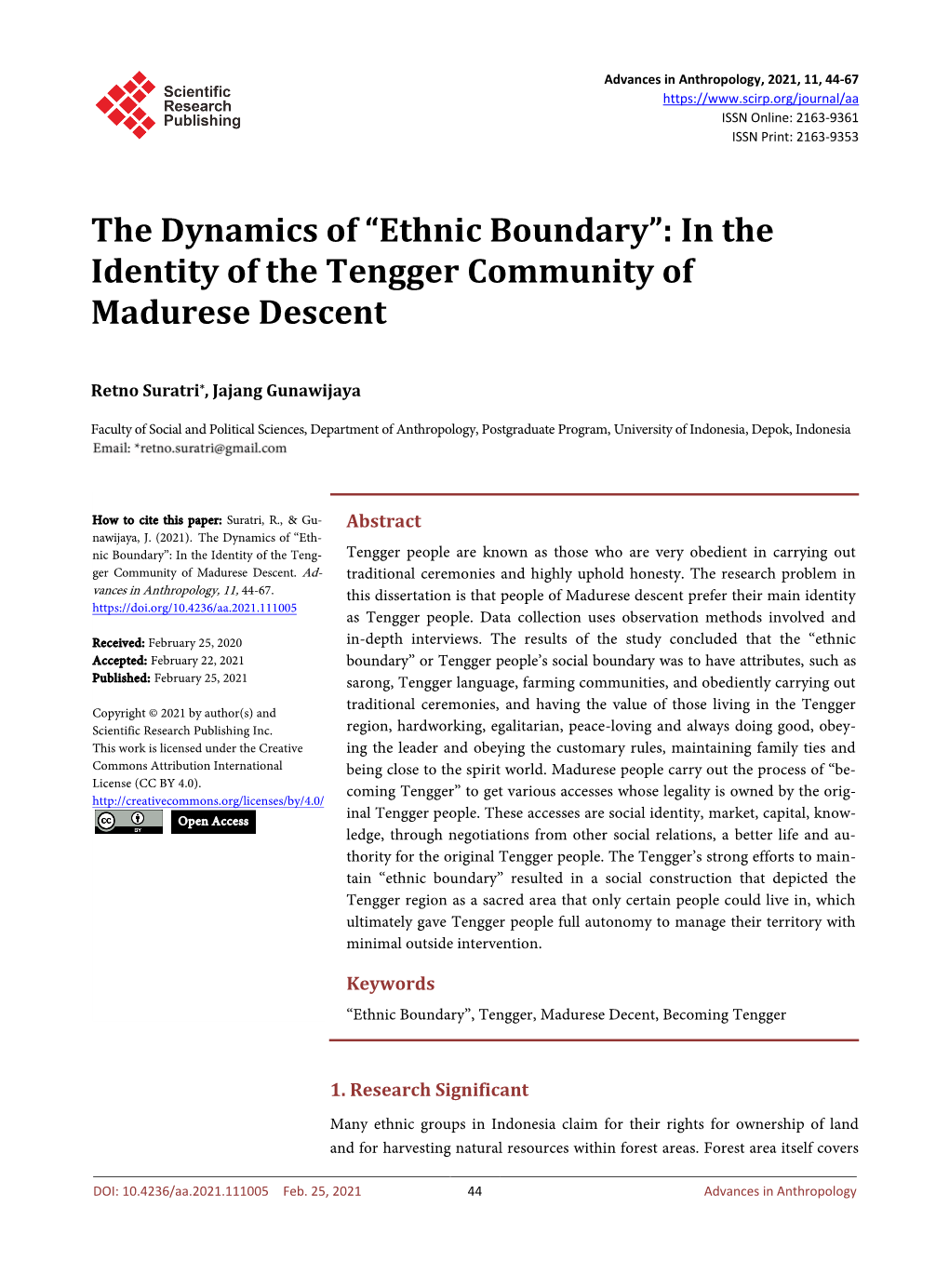 Ethnic Boundary”: in the Identity of the Tengger Community of Madurese Descent