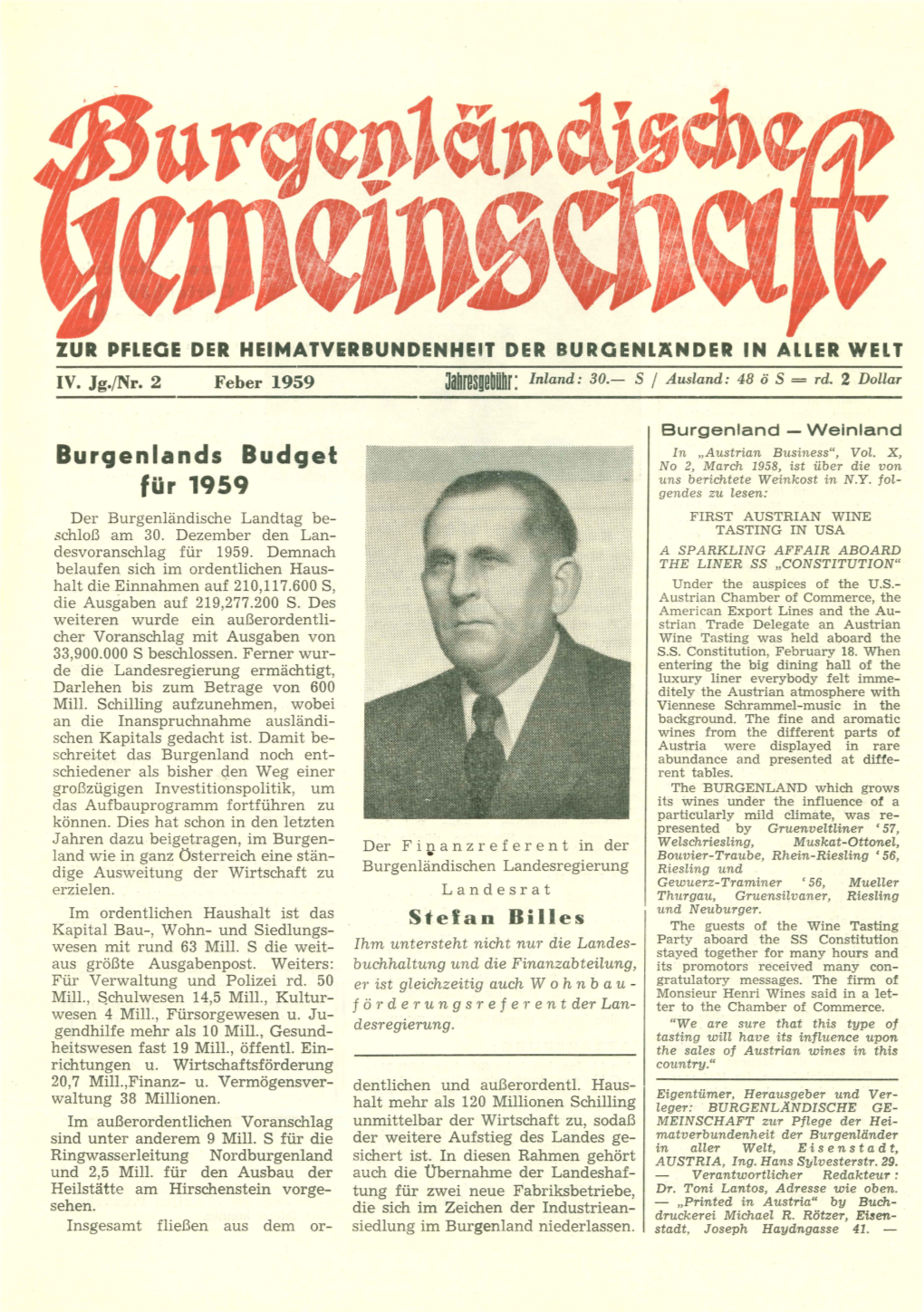 Für 1959 Gendes Zu Lesen: Der Burgenländische Landtag Be­ FIRST AUSTRIAN WINE Schloß Am 30