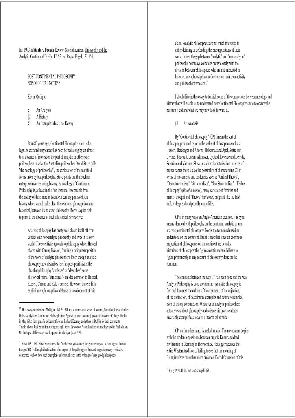 Philosophy and the Analytic-Continental Divide, 17.2-3