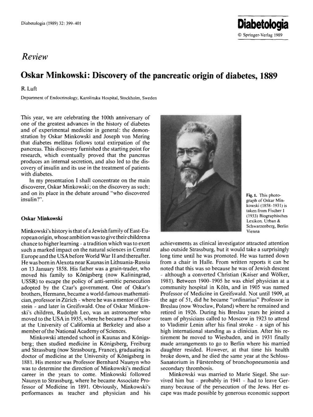 Oskar Minkowski: Discovery of the Pancreatic Origin of Diabetes, 1889