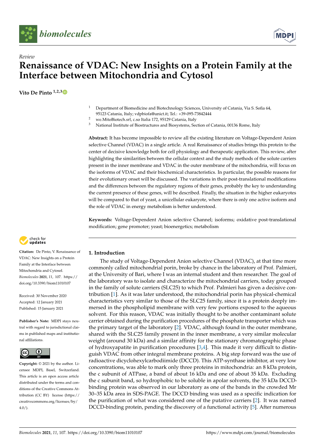 Renaissance of VDAC: New Insights on a Protein Family at the Interface Between Mitochondria and Cytosol