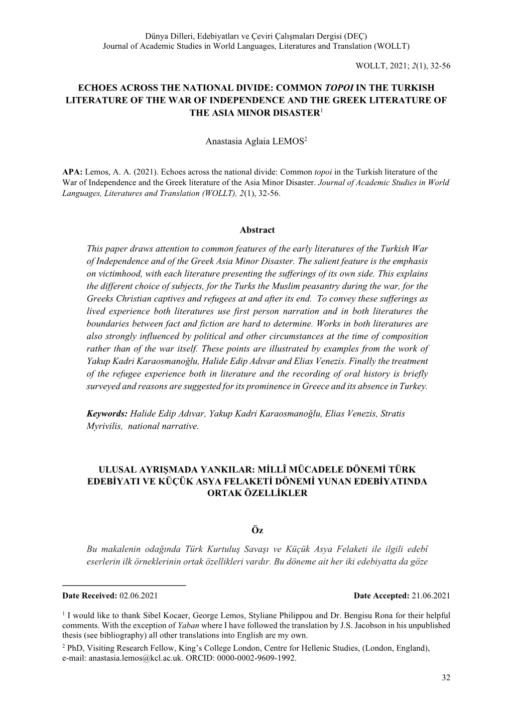 Common Topoi in the Turkish Literature of the War of Independence and the Greek Literature of the Asia Minor Disaster1