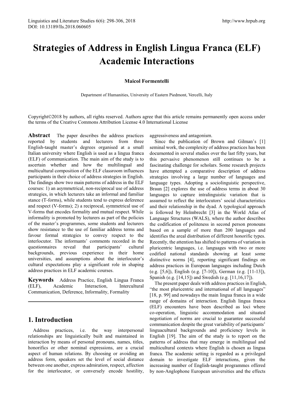 Strategies of Address in English Lingua Franca (ELF) Academic Interactions