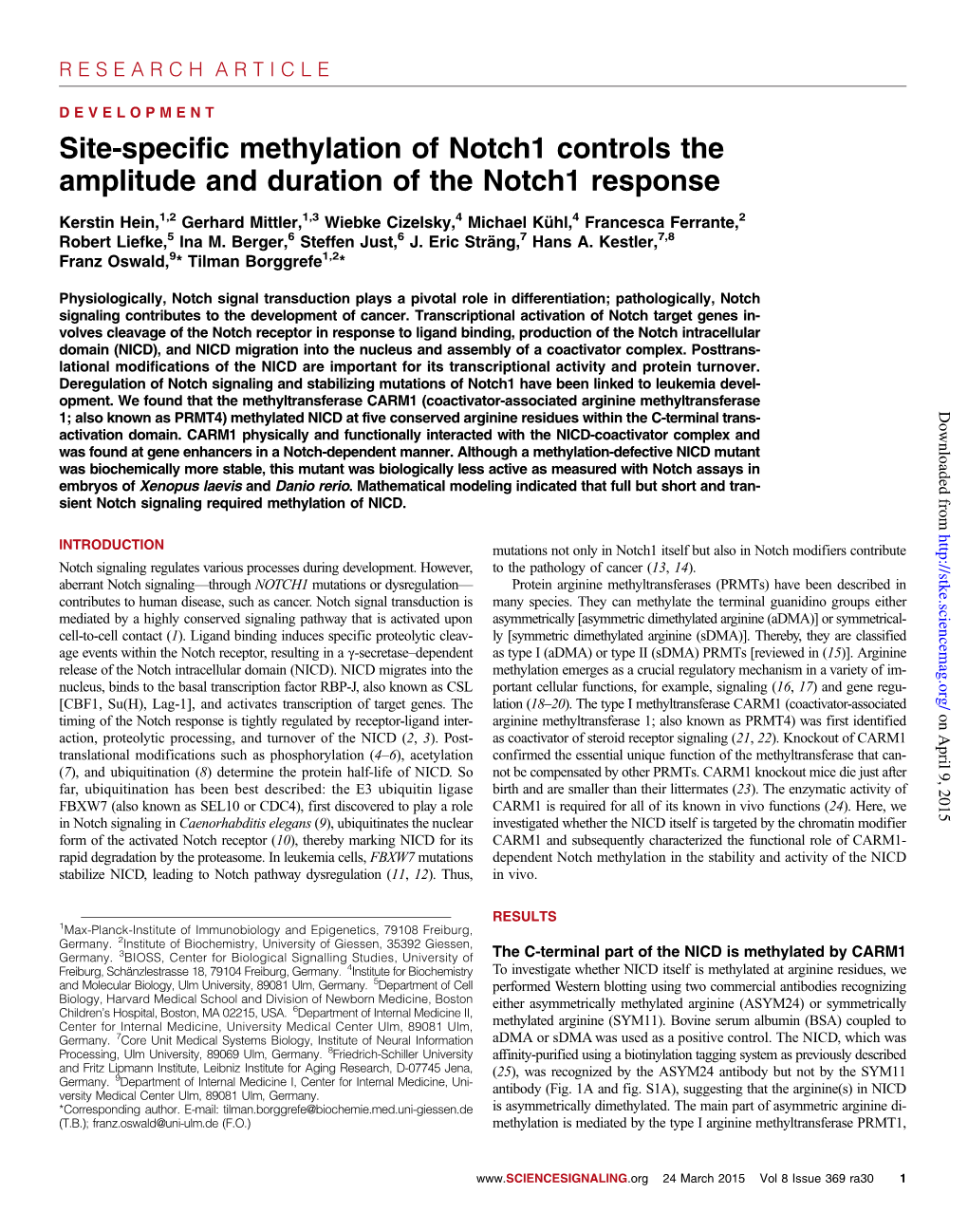 Site-Specific Methylation of Notch1 Controls the Amplitude and Duration of the Notch1 Response