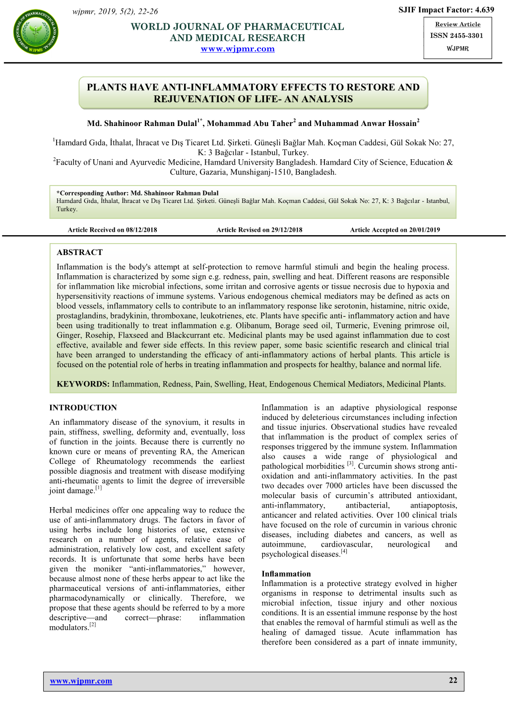 Plants Have Anti-Inflammatory Effects to Restore and Rejuvenation of Life- an Analysis