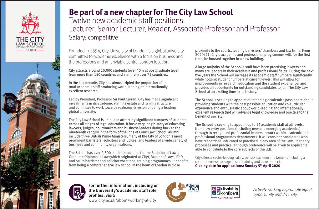 Be Part of a New Chapter for the City Law School Twelve New Academic