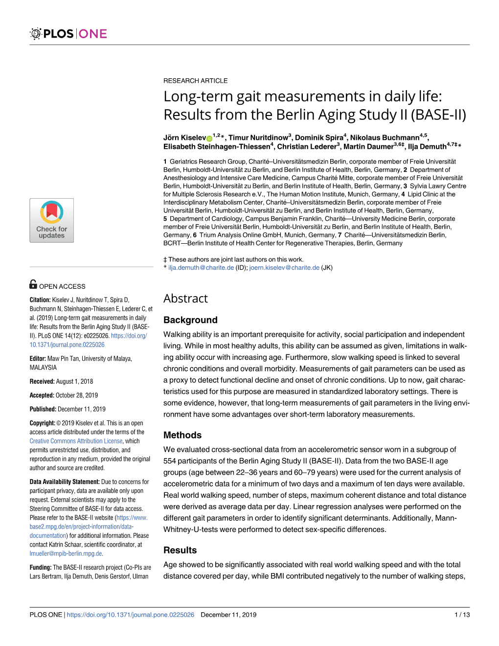 Long-Term Gait Measurements in Daily Life: Results from the Berlin Aging Study II (BASE-II)