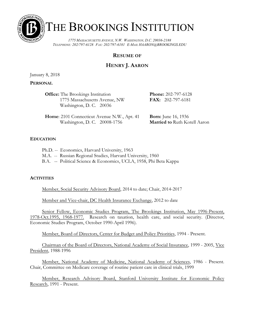 Henry J. Aaron's CV