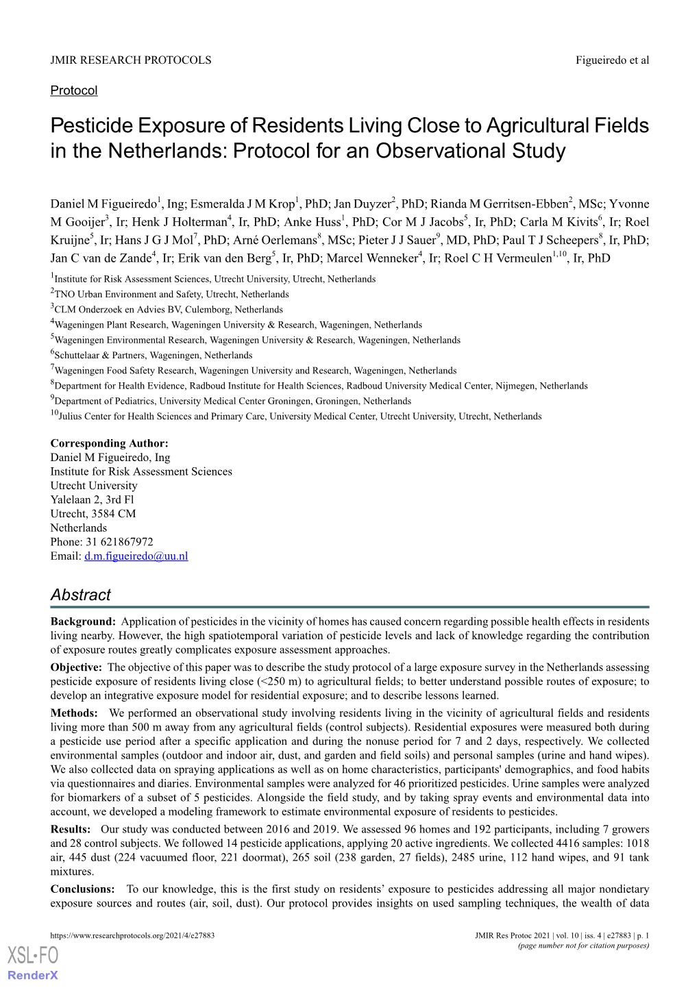 Pesticide Exposure of Residents Living Close to Agricultural Fields in the Netherlands: Protocol for an Observational Study