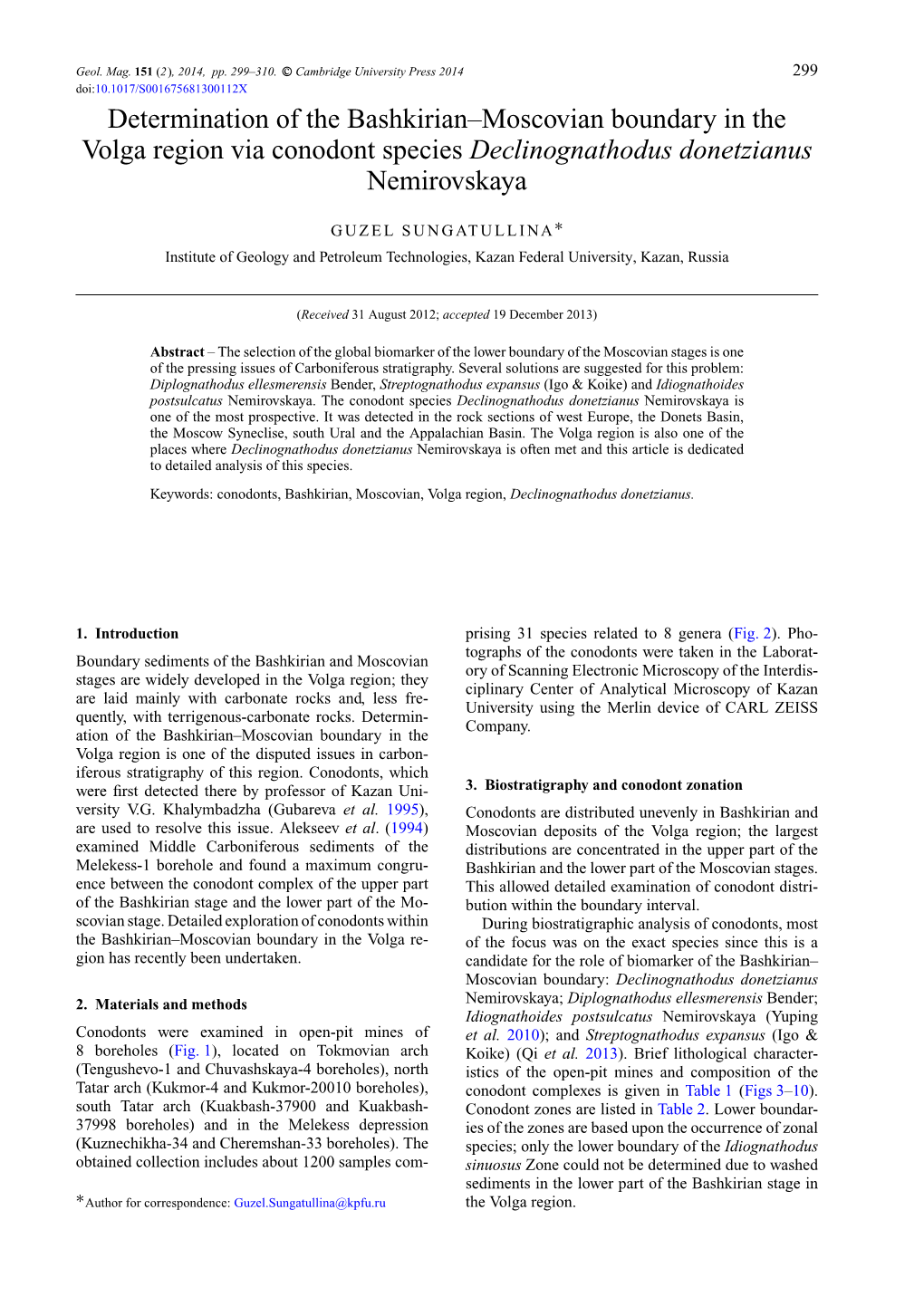 Determination of the Bashkirian–Moscovian Boundary in the Volga Region Via Conodont Species Declinognathodus Donetzianus Nemirovskaya