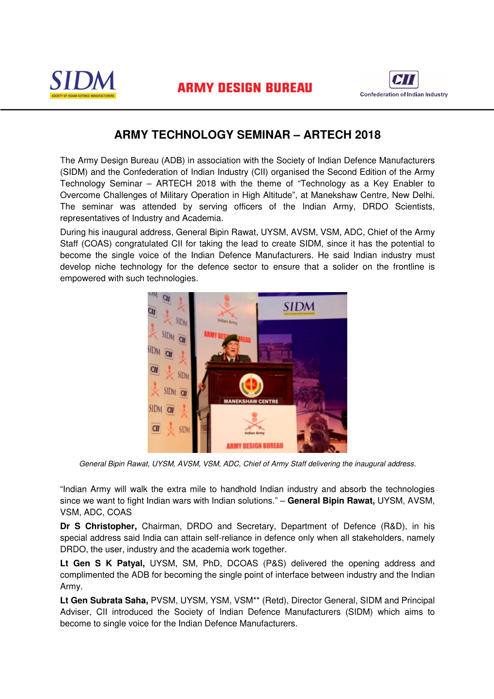 Army Technology Seminar – Artech 2018