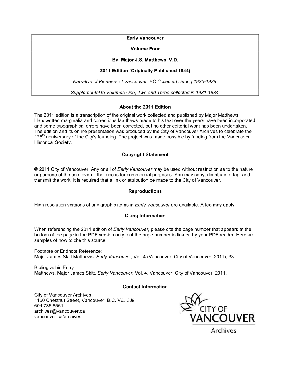 Early Vancouver Volume Four