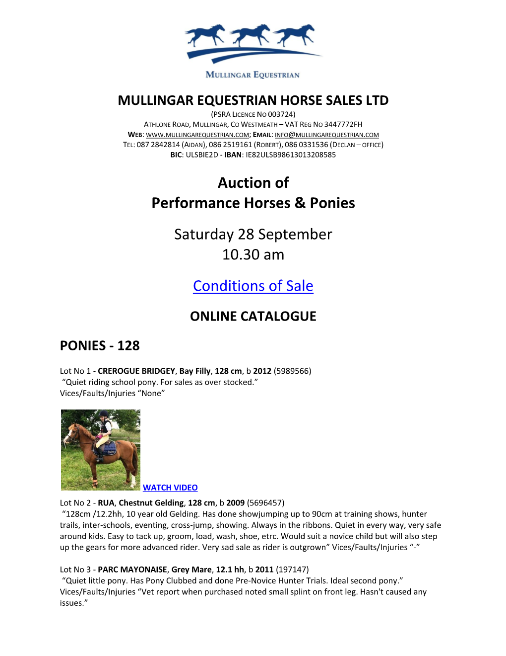 Auction of Performance Horses & Ponies Saturday 28 September 10.30 Am Conditions of Sale