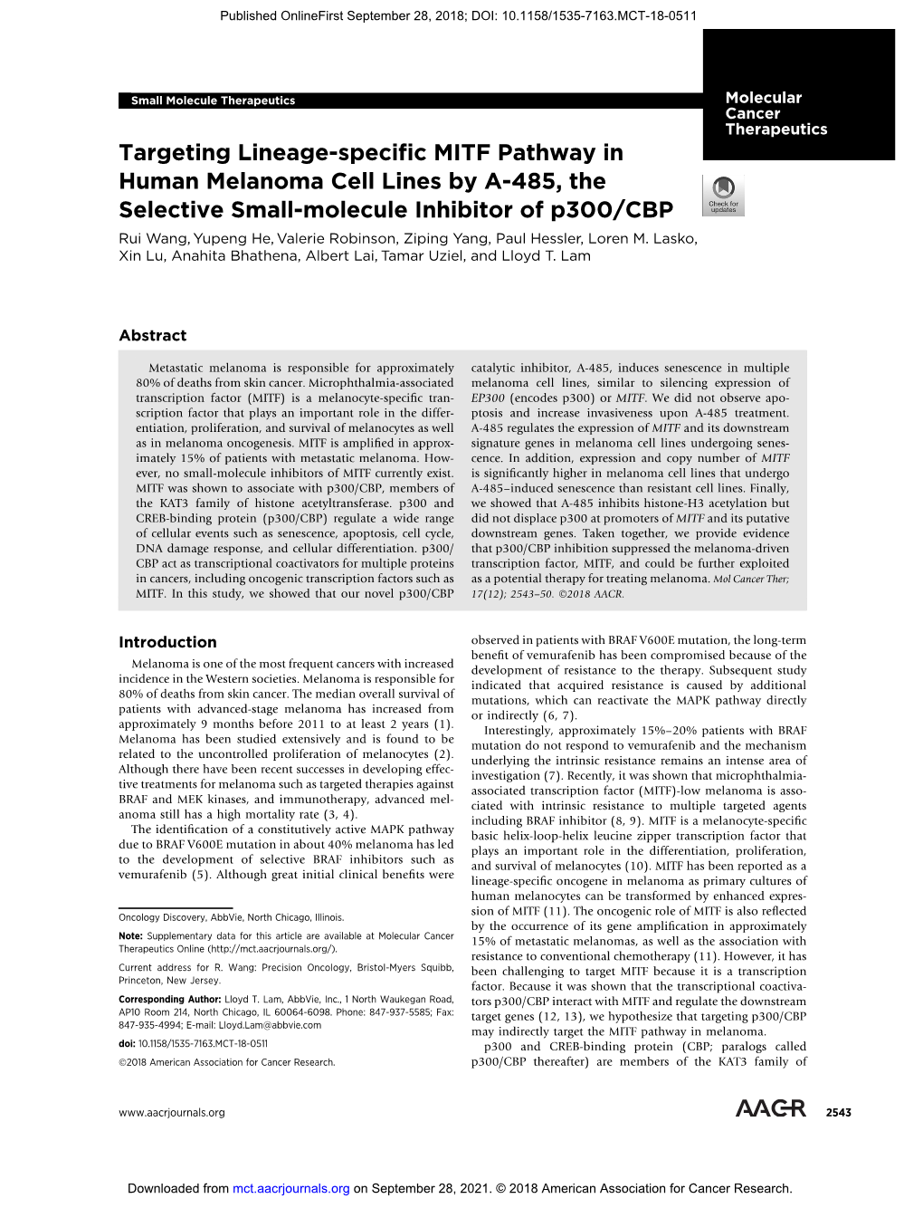 Targeting Lineage-Specific MITF Pathway in Human Melanoma Cell Lines by A-485, the Selective Small-Molecule Inhibitor of P300/CBP