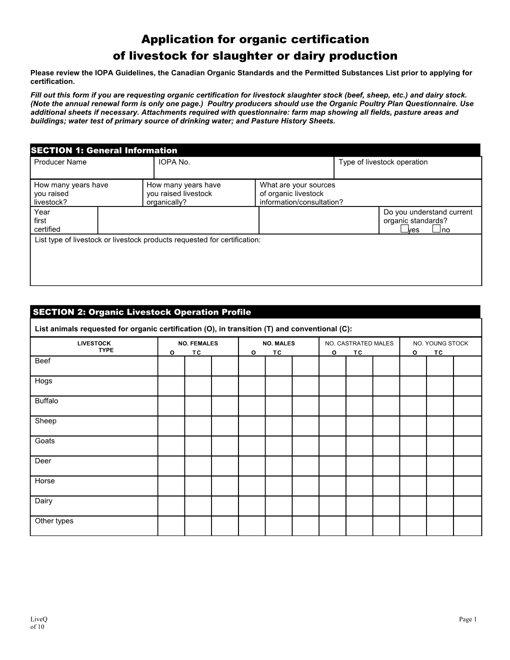 Organic Livestock Plan Questionnaire: Slaughter/Dairy