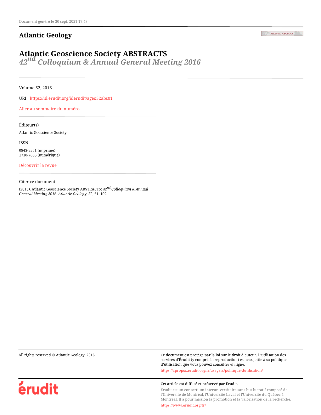 Atlantic Geoscience Society ABSTRACTS: 42Nd Colloquium & Annual General Meeting 2016