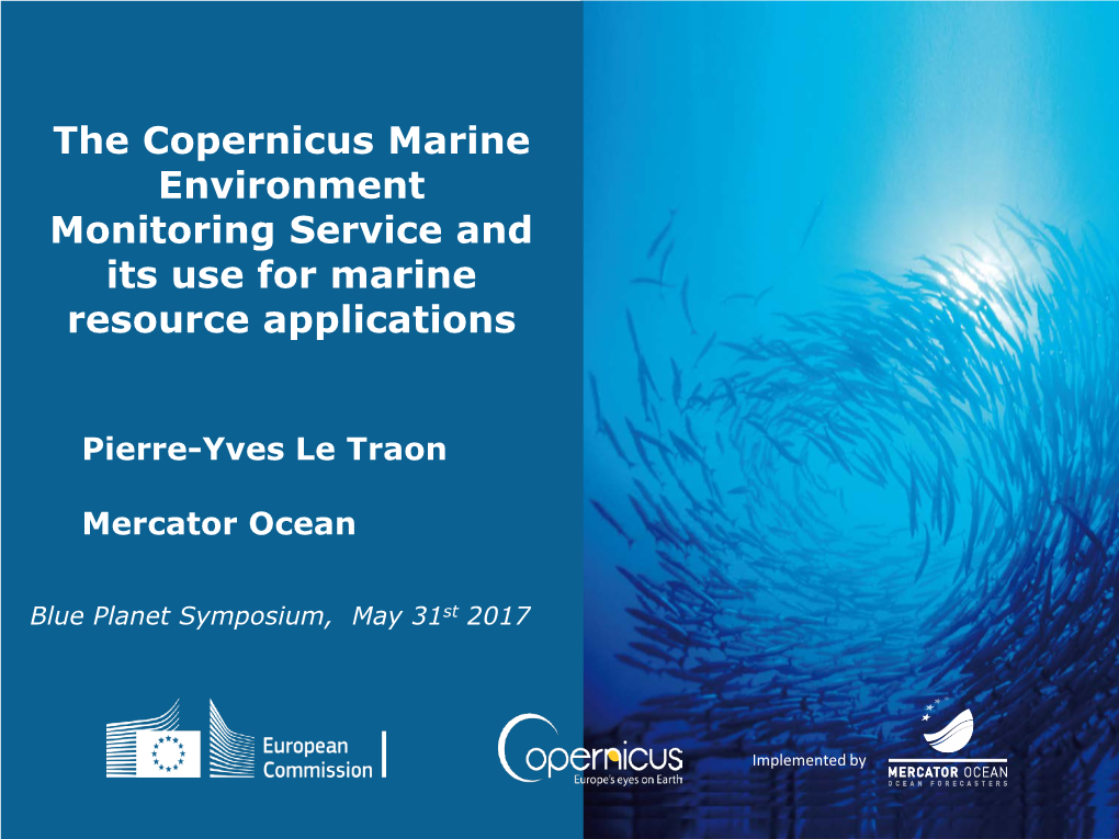 The Copernicus Marine Environment Monitoring Service and Its Use for Marine Resource Applications