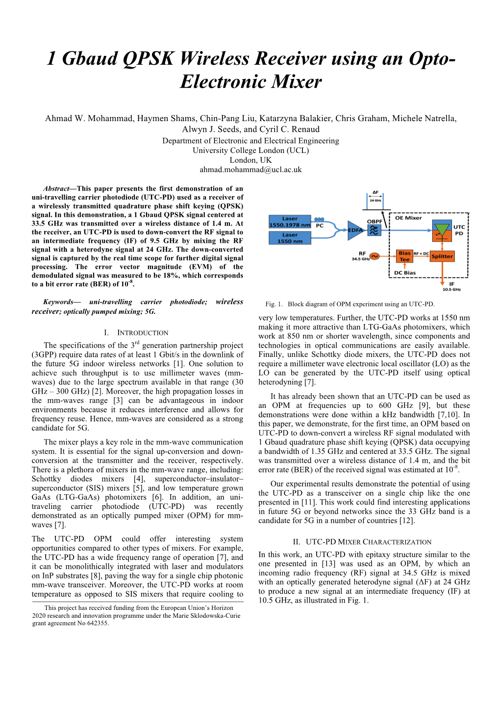 1 Gbaud QPSK Wireless Receiver Using an Opto- Electronic Mixer