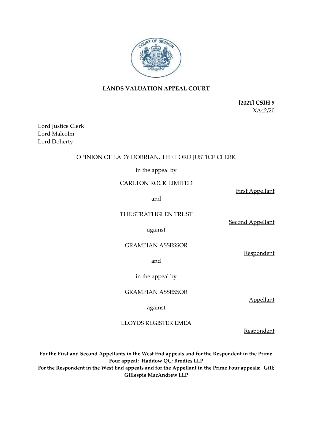 LANDS VALUATION APPEAL COURT [2021] CSIH 9 XA42/20 Lord