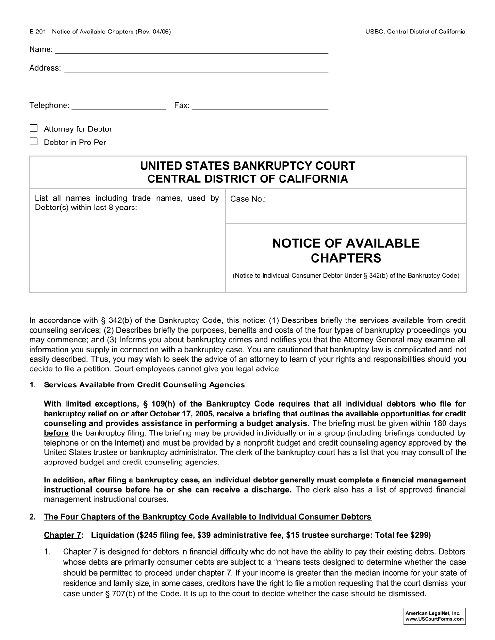 Notice Of Available Chapters (USBC Central District Of California) {B201}