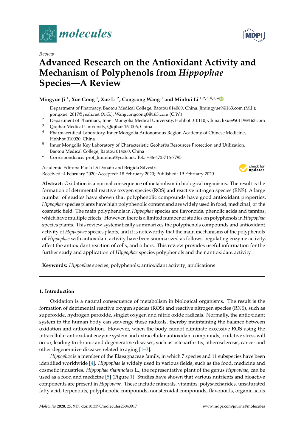 Advanced Research on the Antioxidant Activity and Mechanism of Polyphenols from Hippophae Species—A Review