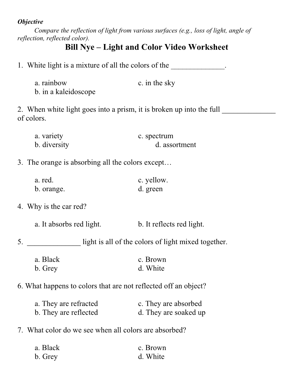 Bill Nye Light and Color Video Worksheet