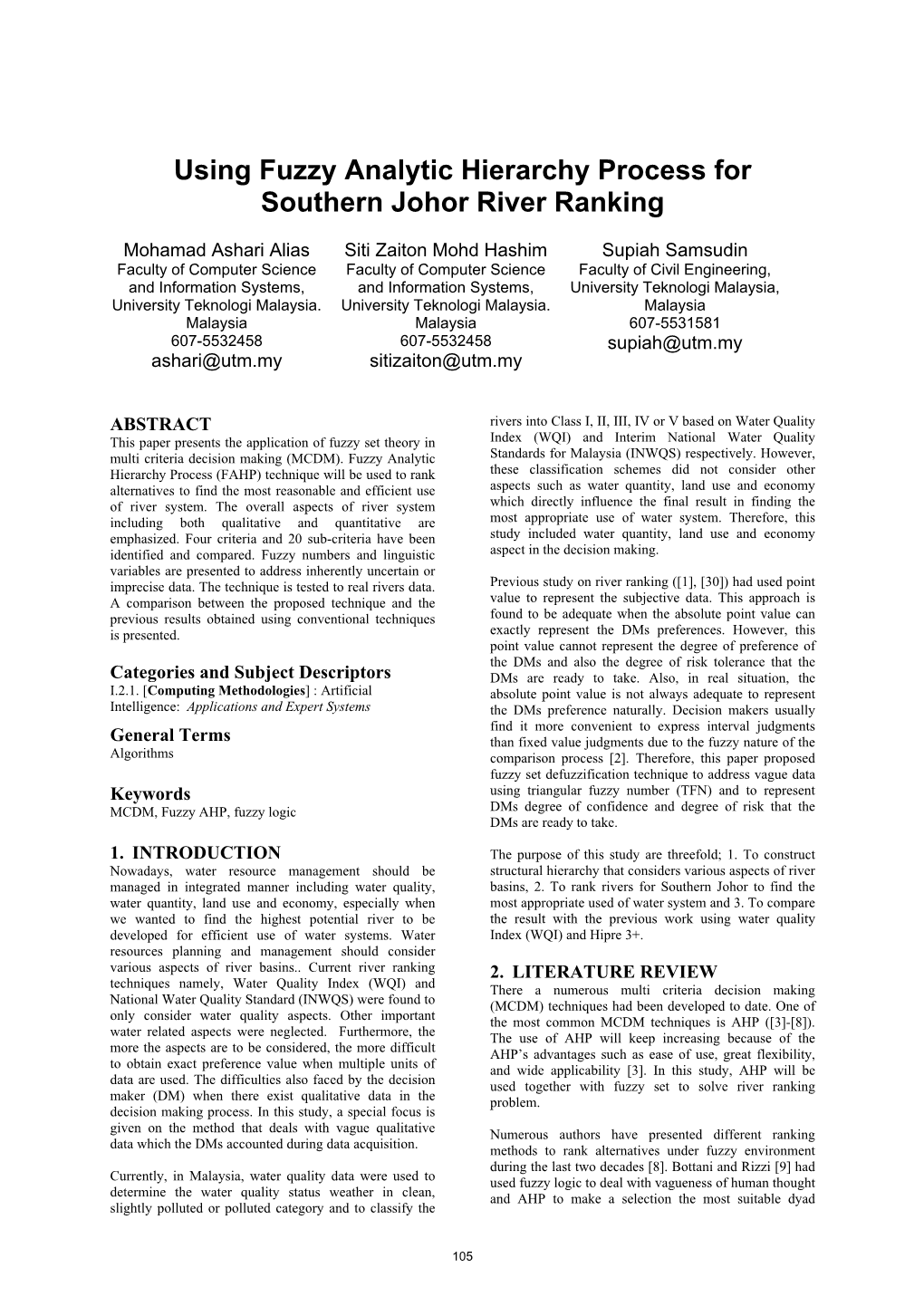 Using Fuzzy Analytic Hierarchy Process for Southern Johor River Ranking