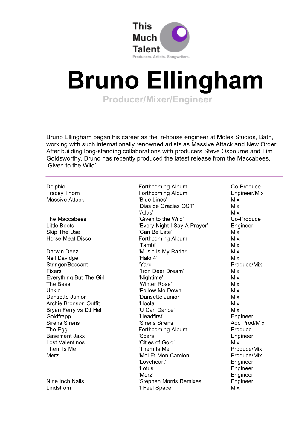 Bruno Ellingham Complete CV