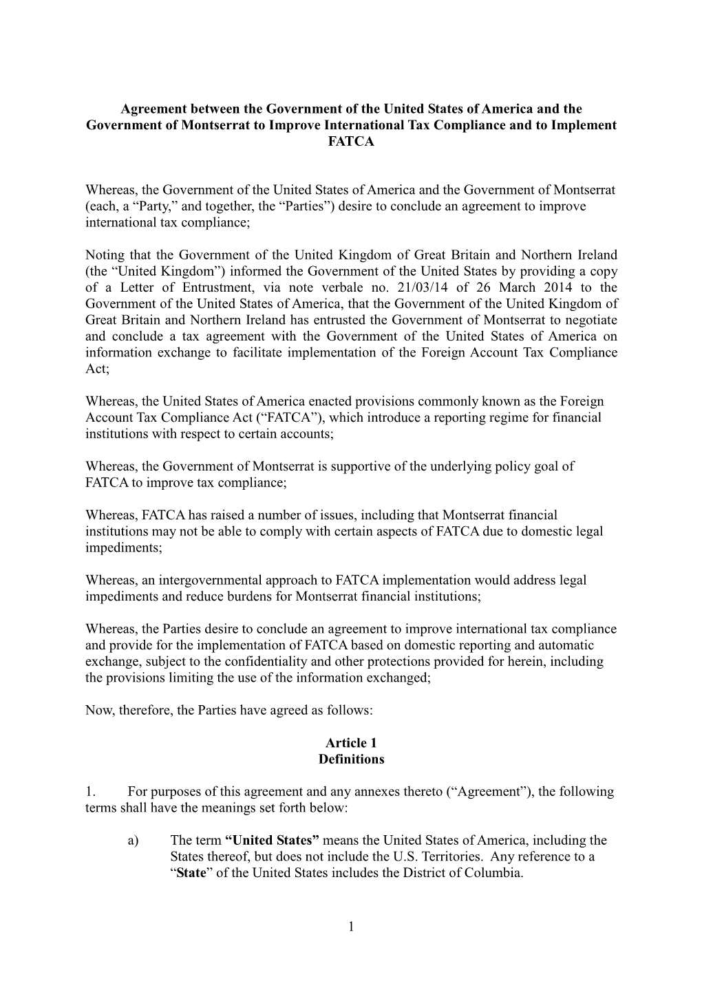 Agreement Between the Government of the United States of America and the Government of Montserrat to Improve International Tax Compliance and to Implement FATCA