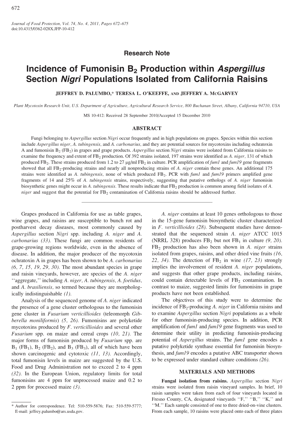 Incidence of Fumonisin B2 Production Within Aspergillus Section Nigri Populations Isolated from California Raisins