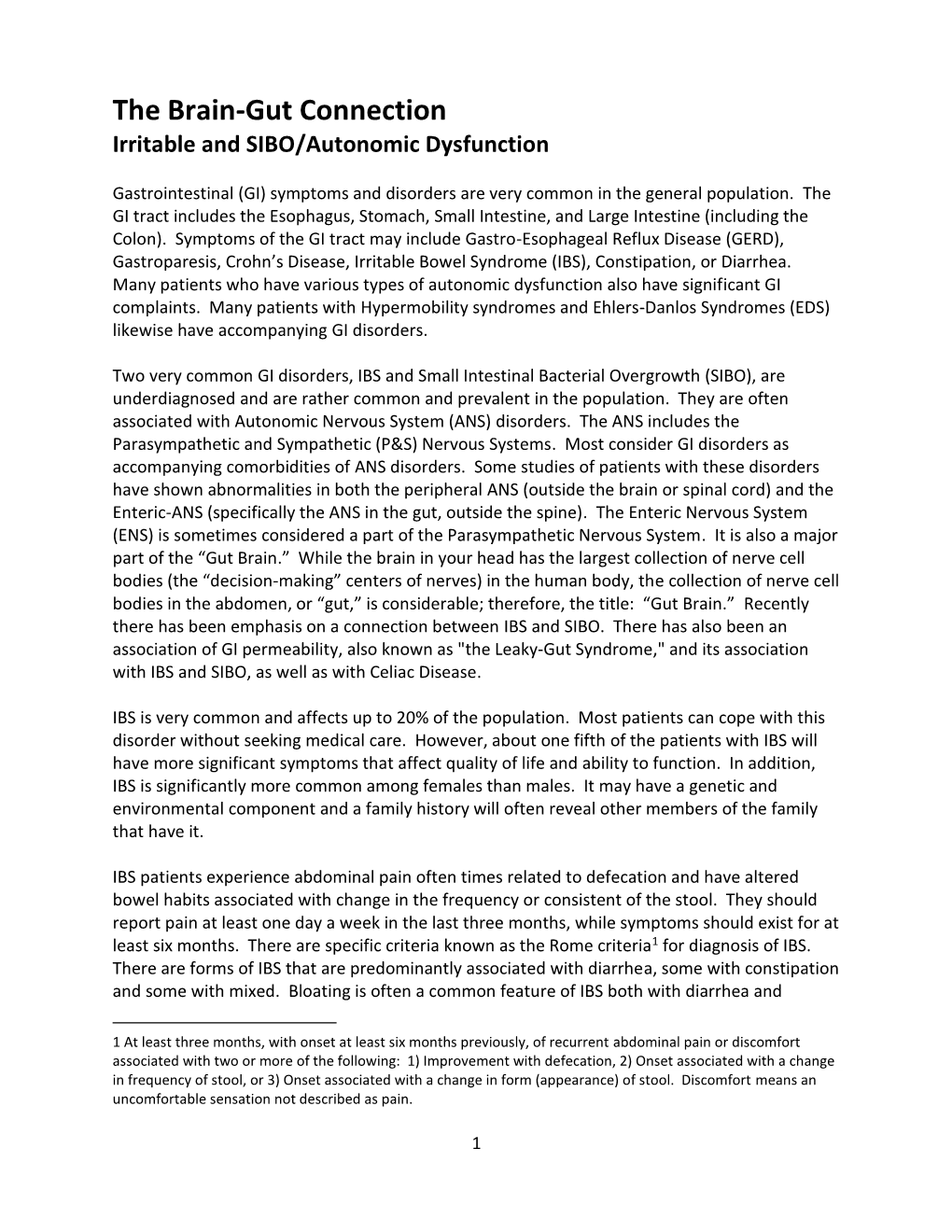 The Brain-Gut Connection Irritable and SIBO/Autonomic Dysfunction