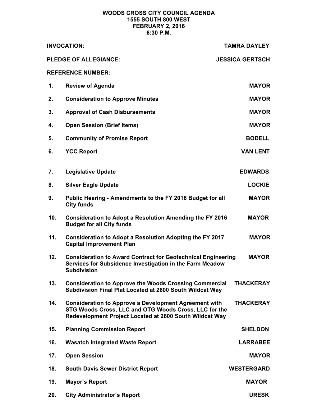 Woods Cross City Council Agenda