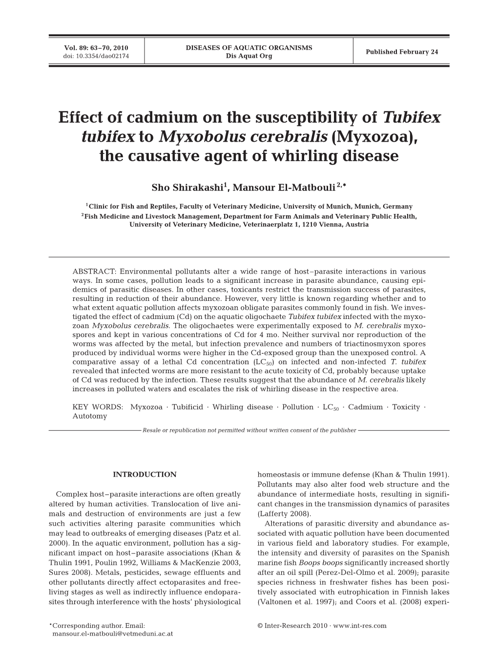 Effect of Cadmium on the Susceptibility of Tubifex Tubifex to Myxobolus Cerebralis (Myxozoa), the Causative Agent of Whirling Disease