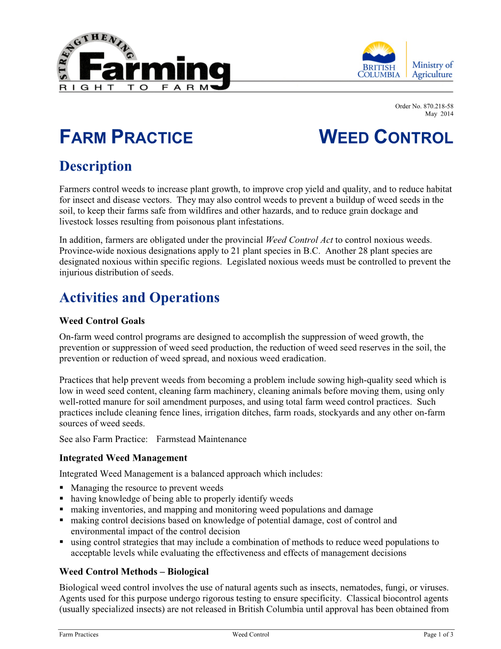 Farm Practices Weed Control Page 1 of 3 Agriculture and Agri-Food Canada and the United States Department of Agriculture