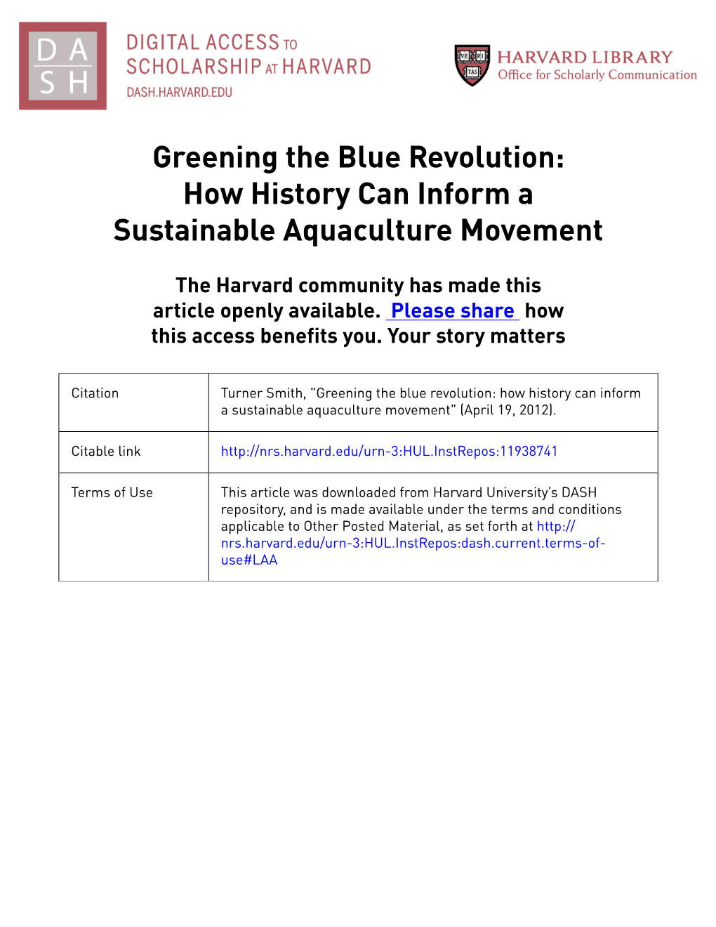 Greening the Blue Revolution: How History Can Inform a Sustainable Aquaculture Movement