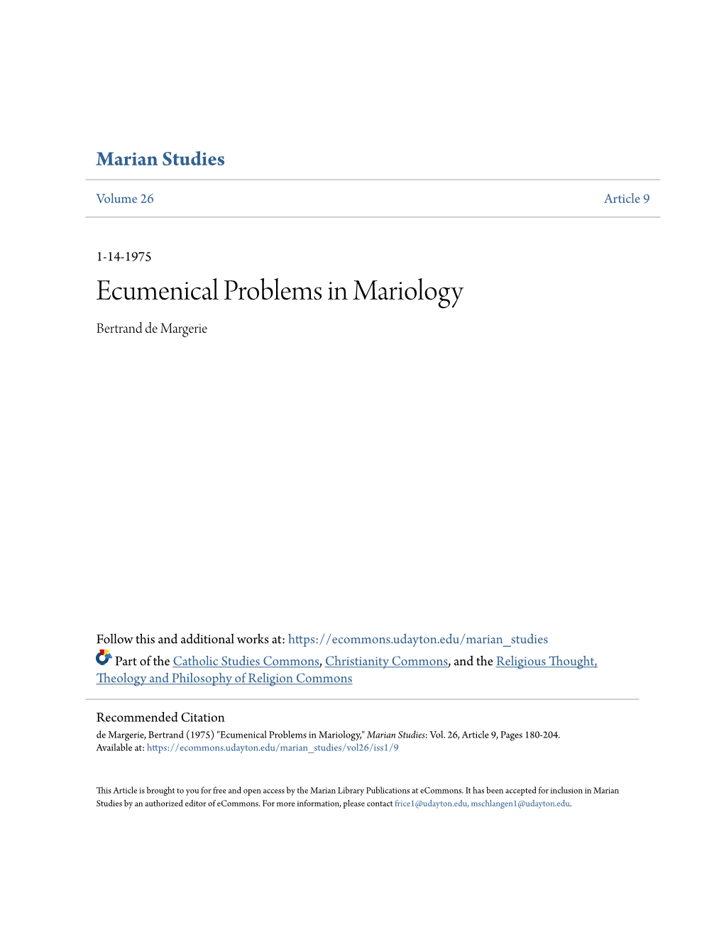 Ecumenical Problems in Mariology Bertrand De Margerie