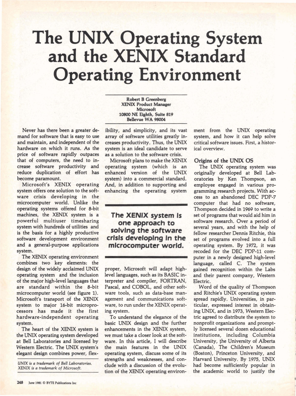 The UNIX Operating System and the XENIX Standard Operating