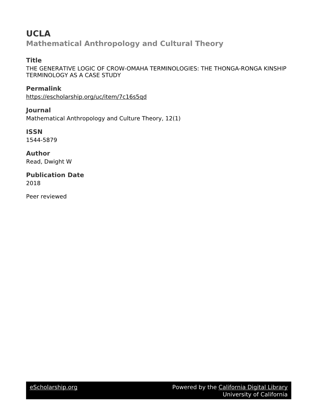 The Generative Logic of Crow-Omaha Terminologies: the Thonga-Ronga Kinship Terminology As a Case Study