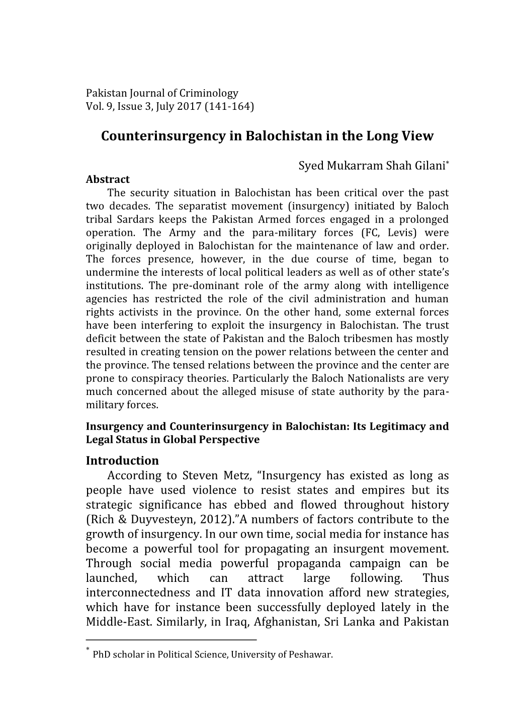 Counterinsurgency in Balochistan in the Long View