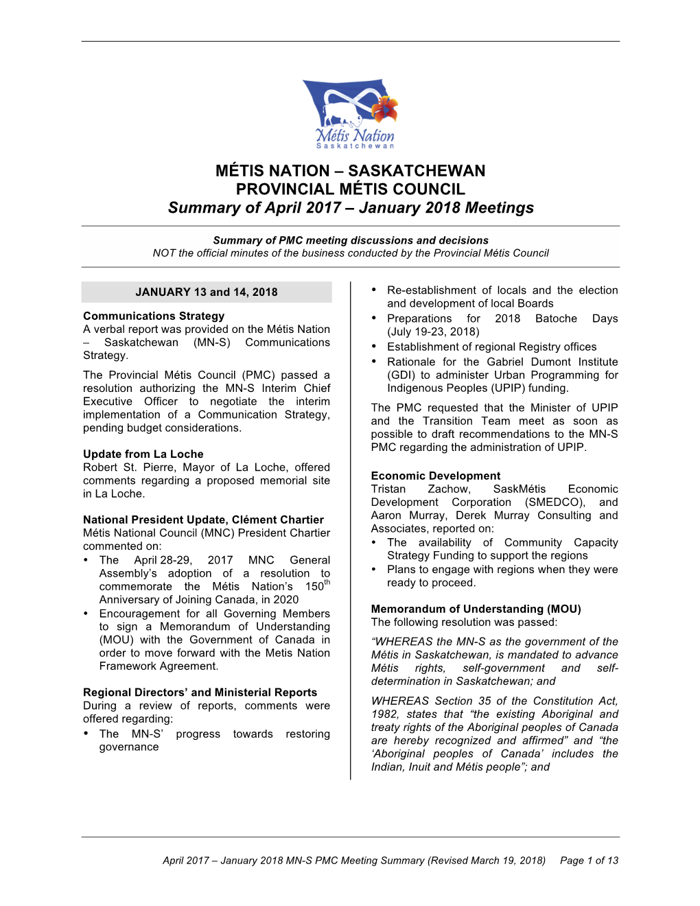MÉTIS NATION – SASKATCHEWAN PROVINCIAL MÉTIS COUNCIL Summary of April 2017 – January 2018 Meetings