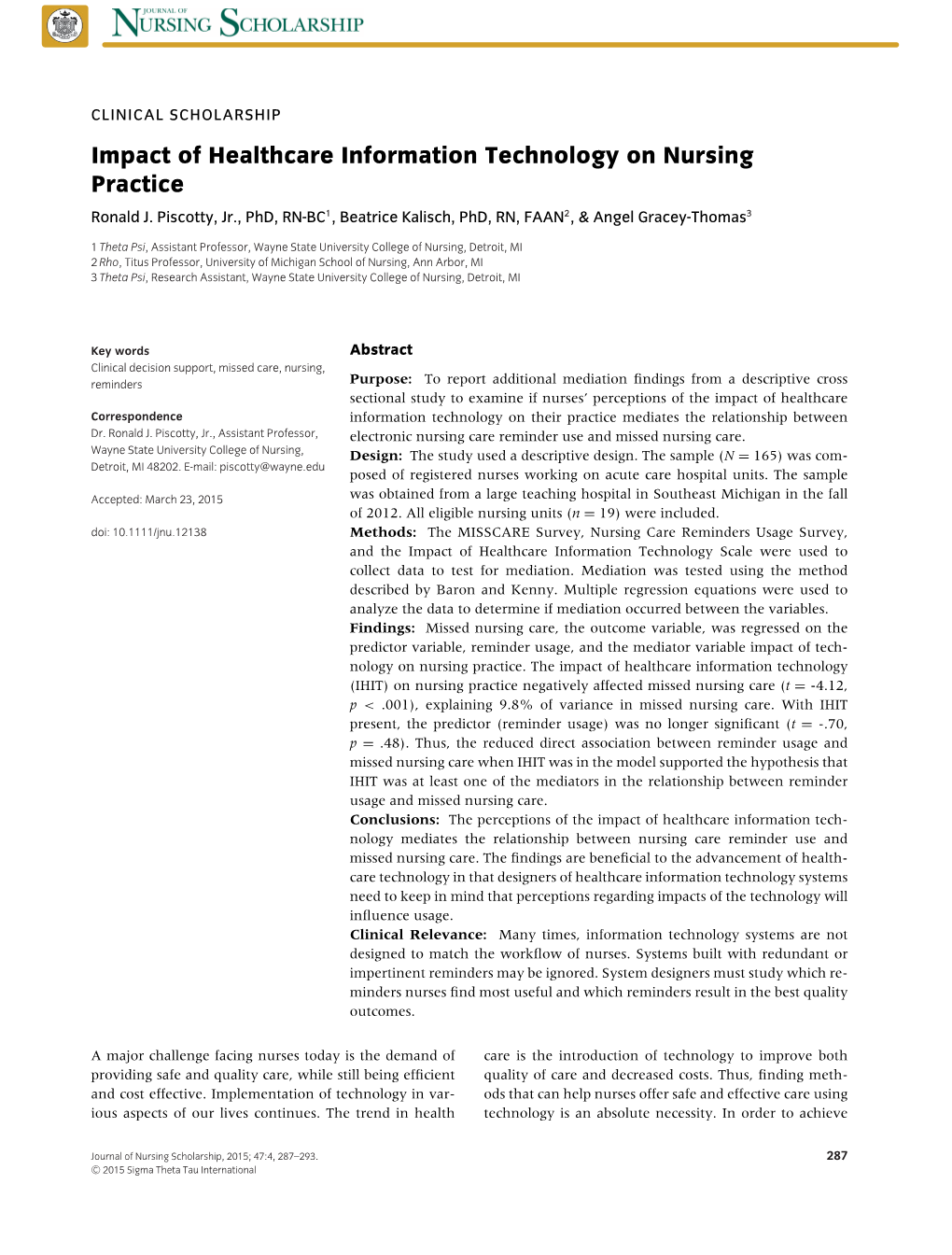 Impact of Healthcare Information Technology on Nursing Practice Ronald J