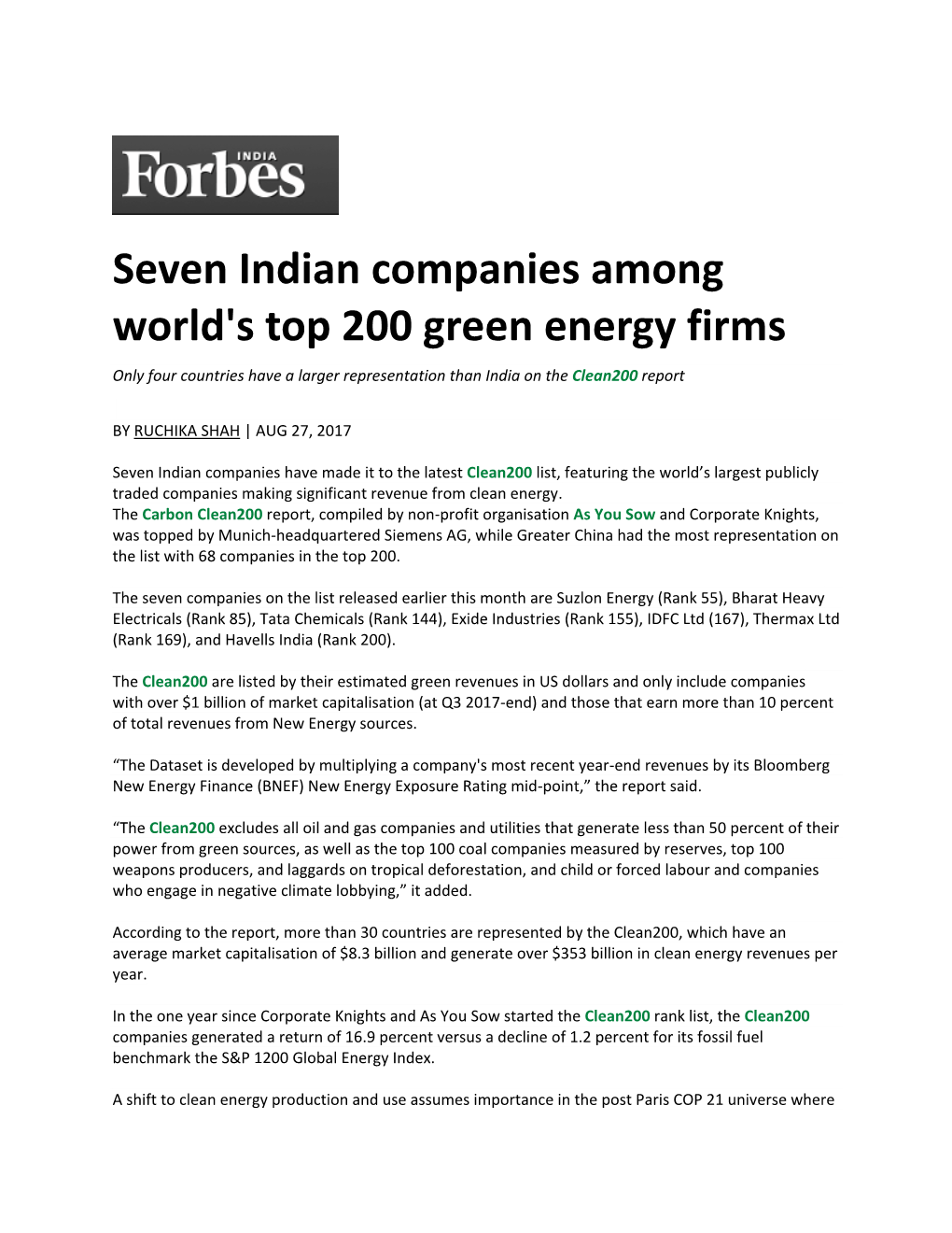 Seven Indian Companies Among World's Top 200 Green Energy Firms Only Four Countries Have a Larger Representation Than India on the Clean200 Report