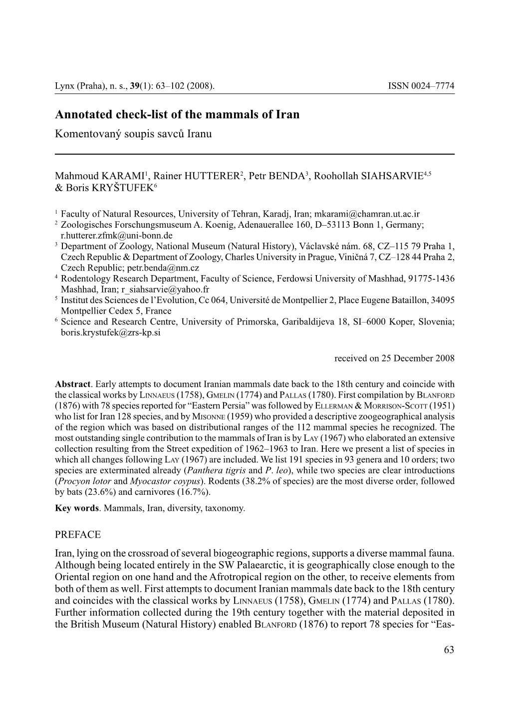 Annotated Check-List of the Mammals of Iran Komentovaný Soupis Savců Iranu