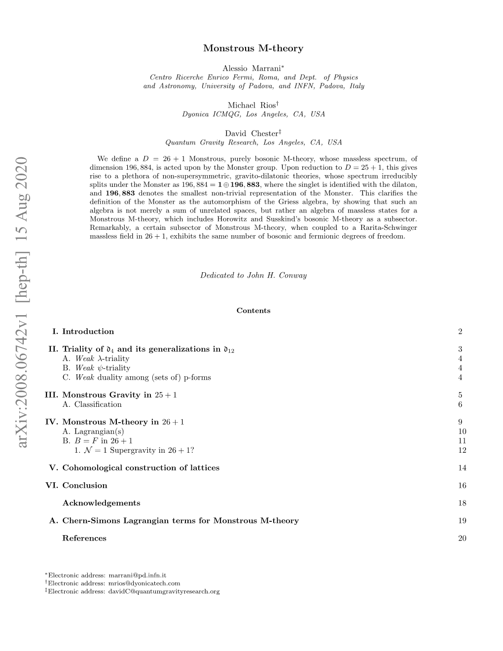 Arxiv:2008.06742V1 [Hep-Th] 15 Aug 2020 I.Mntosgaiyin Gravity Monstrous III