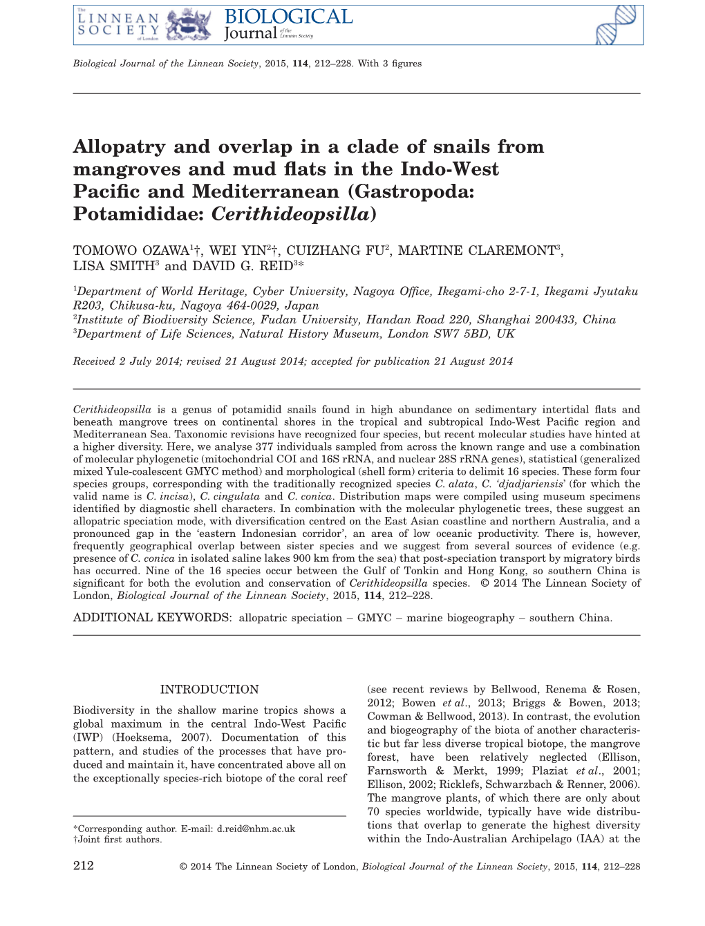 Allopatry and Overlap in a Clade of Snails from Mangroves and Mud ﬂats in the Indo-West Paciﬁc and Mediterranean (Gastropoda: Potamididae: Cerithideopsilla)