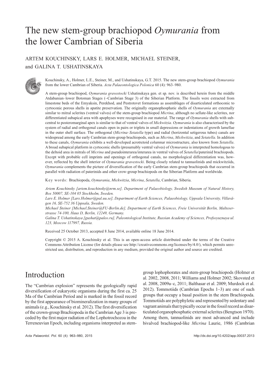 The New Stem-Group Brachiopod Oymurania from the Lower Cambrian of Siberia