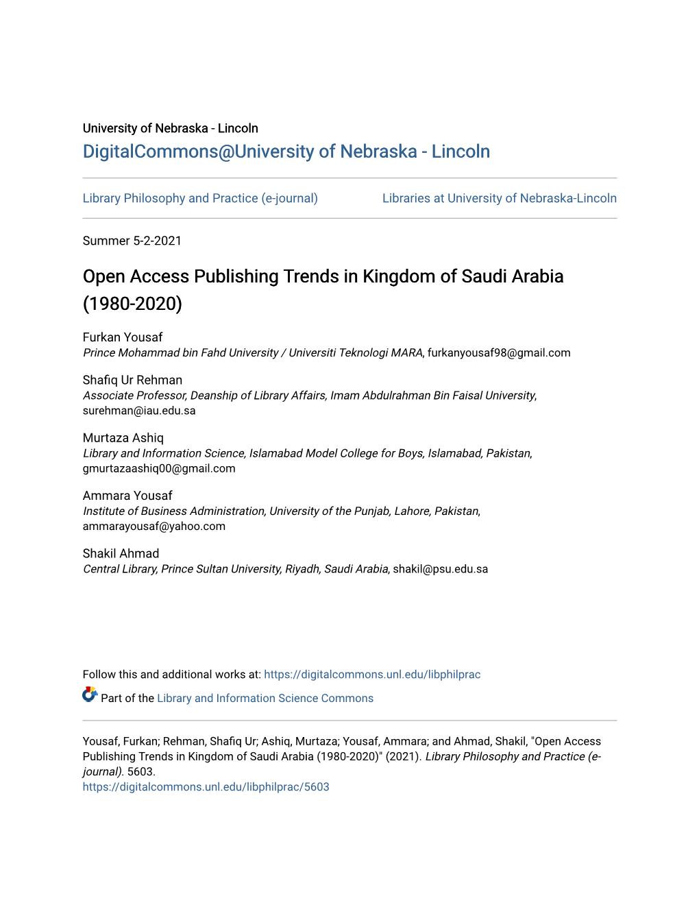 Open Access Publishing Trends in Kingdom of Saudi Arabia (1980-2020)