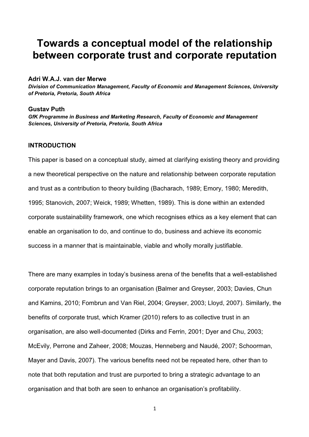 Towards a Conceptual Model of the Relationship Between Corporate Trust and Corporate Reputation