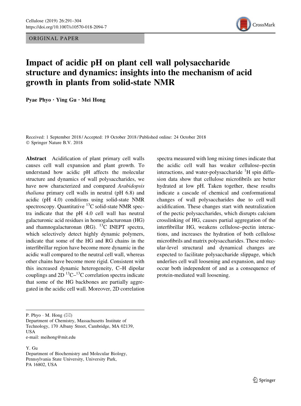 Impact of Acidic Ph on Plant Cell Wall Polysaccharide Structure and Dynamics: Insights Into the Mechanism of Acid Growth in Plants from Solid-State NMR