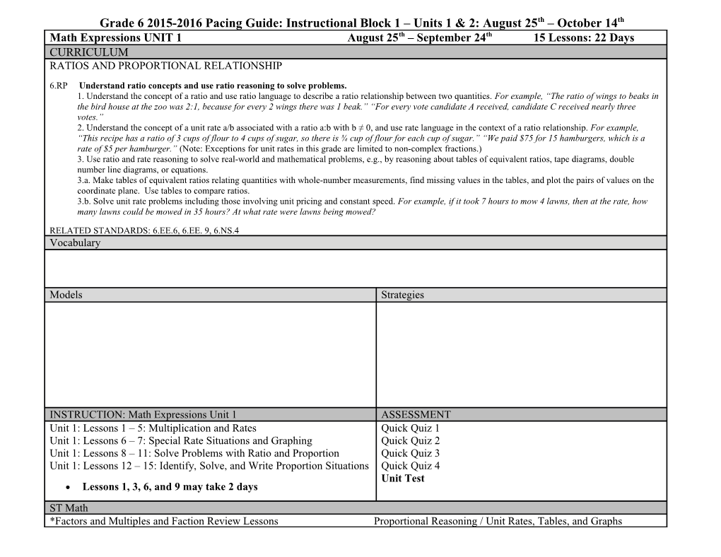 Grade 6 2015-2016 Pacing Guide: Instructional Block 1 Units 1 & 2: August 25Th October 14Th